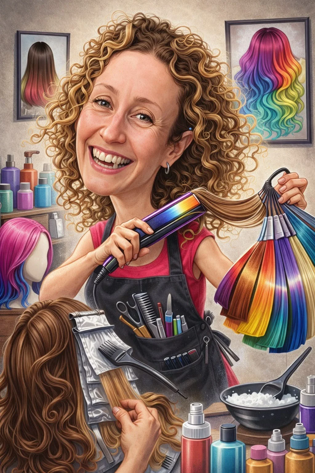 AI illustration of Hayleigh with hairdressing tools and colourful hair swatches