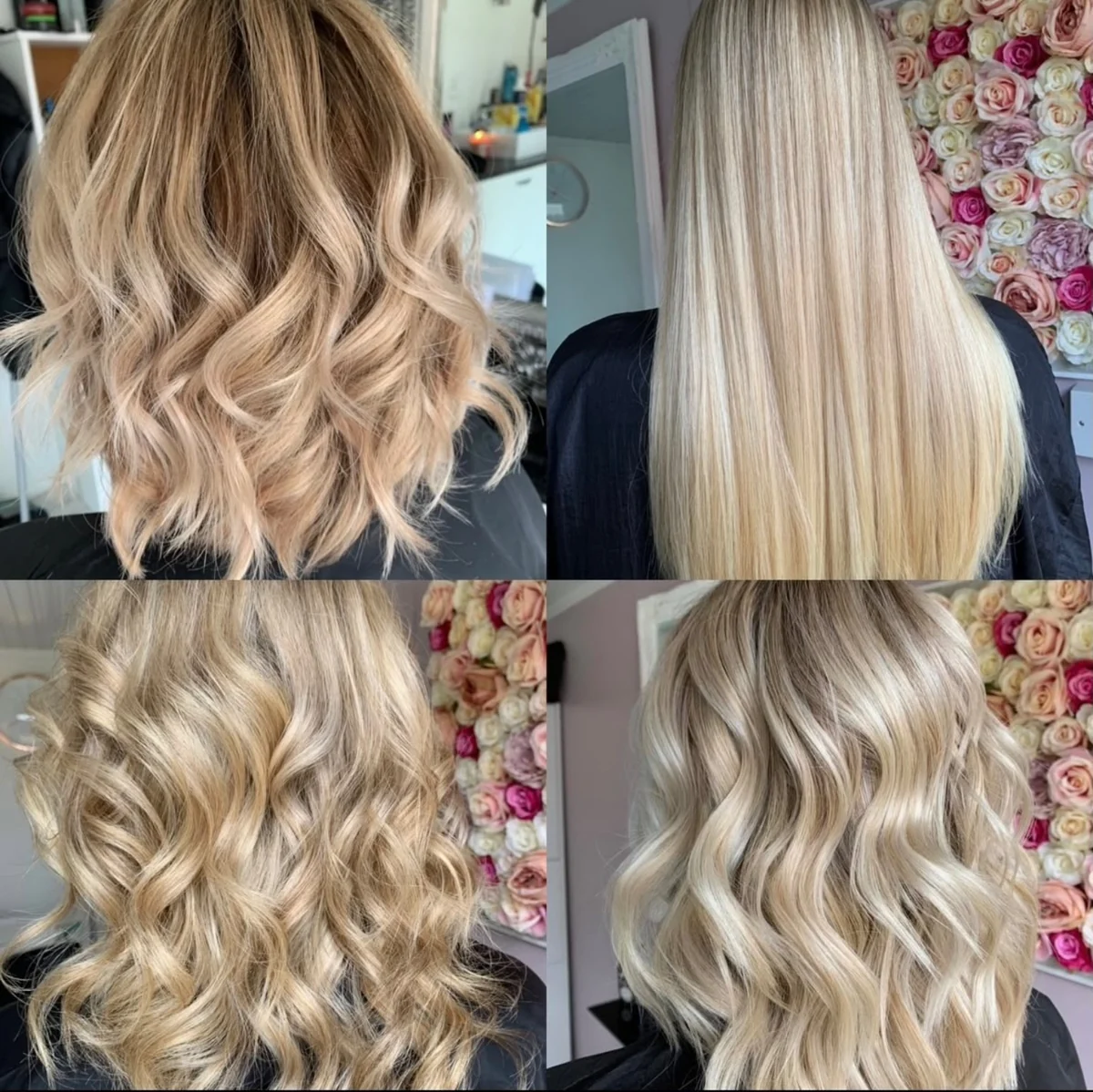 Collage of blonde hair with both straight and wavy finishes
